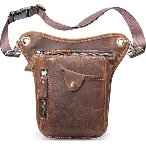 💫 Men Brown Leather Waist Pack Genuine Belt Multi-Purpose MotorcycleBike Hiking - Picture 1 of 9